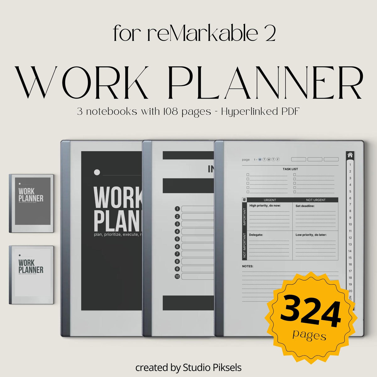 Work Planner Bundle PDF for reMarkable 2 and Paper Pure with grayscale productivity layouts, hyperlinked task planners, and workflow organization pages