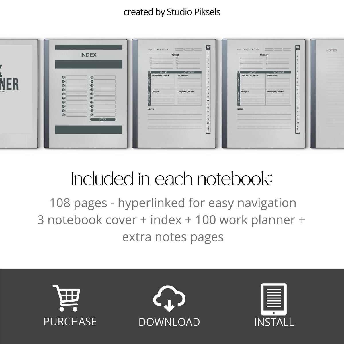 Work Planner Bundle PDF for reMarkable 2 and Paper Pure with grayscale productivity layouts, hyperlinked task planners, and workflow organization pages