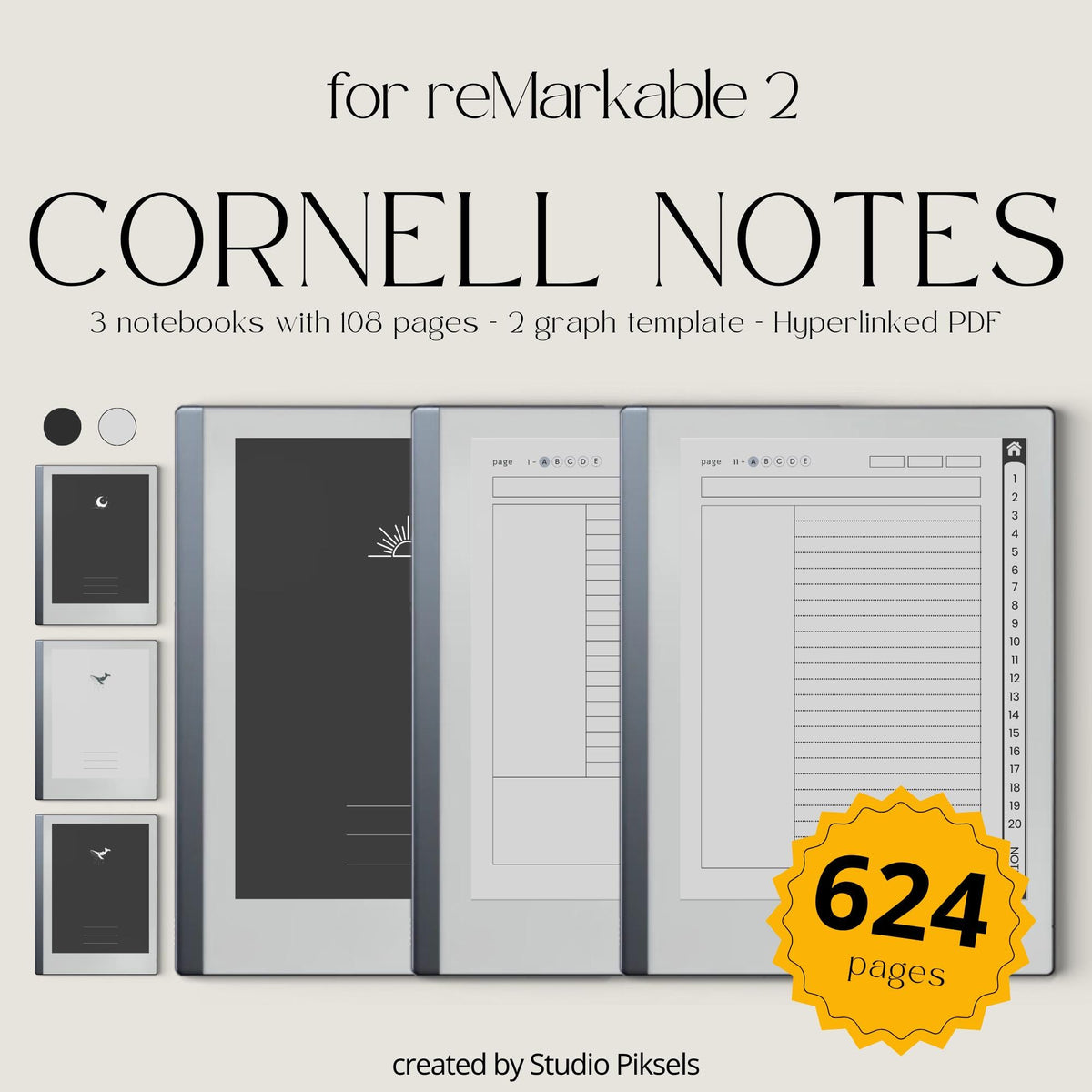Cornell Notebook Bundle for reMarkable featuring six hyperlinked digital notebooks with Cornell notes pages, planning templates, lined notes pages, and minimalist grayscale covers
