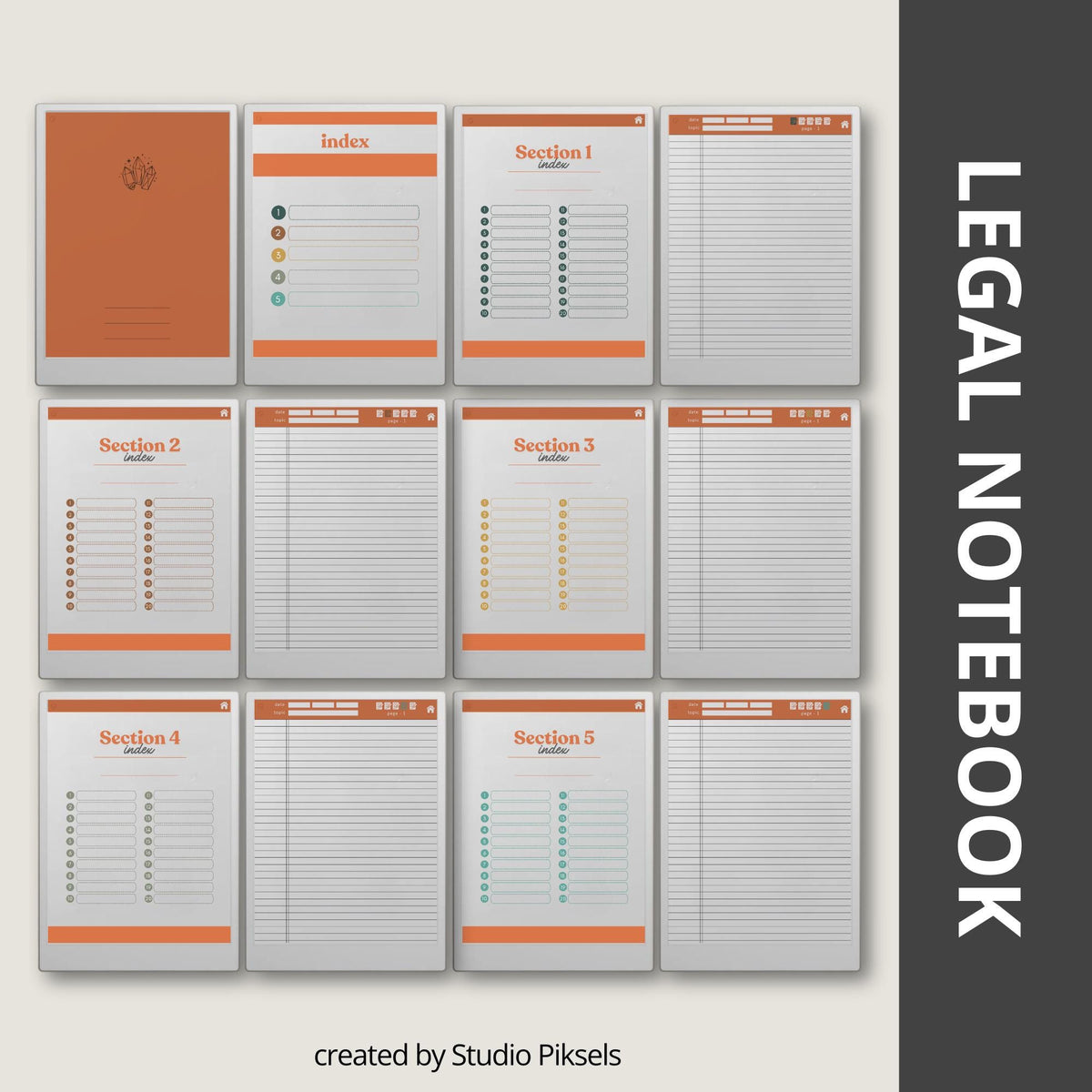 Hyperlinked Legal Pad Notebook Bundle for reMarkable Paper Pro with three digital legal notebooks, interactive index and sub-index navigation, legal-style lined note pages, date and topic fields, coordinated color themes, and structured note-taking templates for meetings, research, project planning, journaling, brainstorming, and everyday organization.