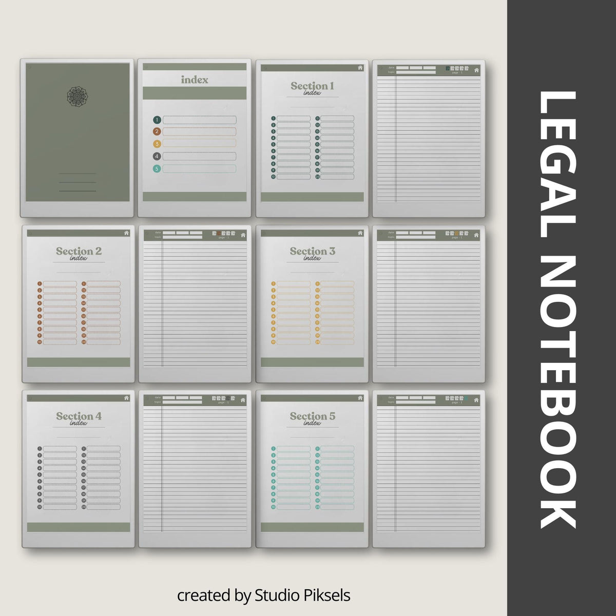 Hyperlinked Legal Pad Notebook Bundle for reMarkable Paper Pro with three digital legal notebooks, interactive index and sub-index navigation, legal-style lined note pages, date and topic fields, coordinated color themes, and structured note-taking templates for meetings, research, project planning, journaling, brainstorming, and everyday organization.