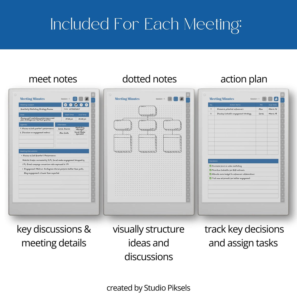 Hyperlinked Meeting Notes Notebook Bundle for reMarkable Paper Pro with custom index pages, reusable meeting layouts, action planning sections, dotted notes pages, and digital meeting organization tools.