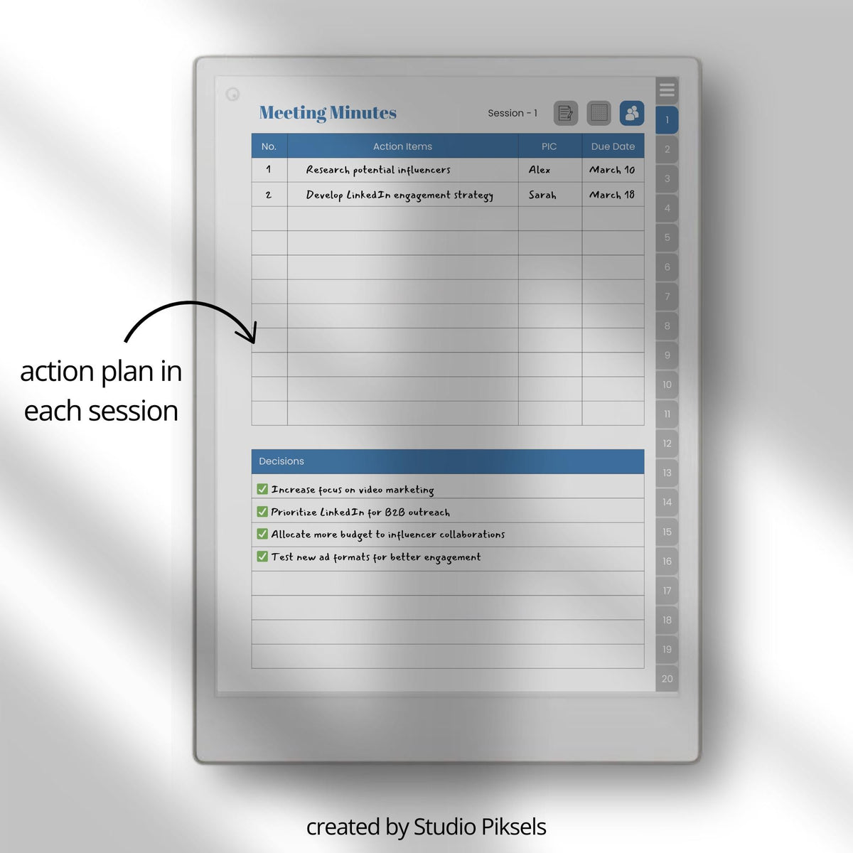 Hyperlinked Meeting Notes Notebook Bundle for reMarkable Paper Pro with custom index pages, reusable meeting layouts, action planning sections, dotted notes pages, and digital meeting organization tools.