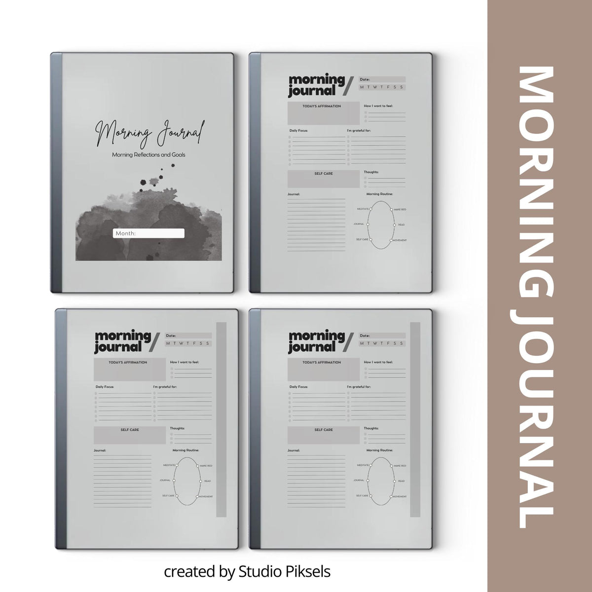 Minimalist Morning Journal PDF for reMarkable 2 and Paper Pure with gratitude prompts and grayscale reflection pages for mindful journaling