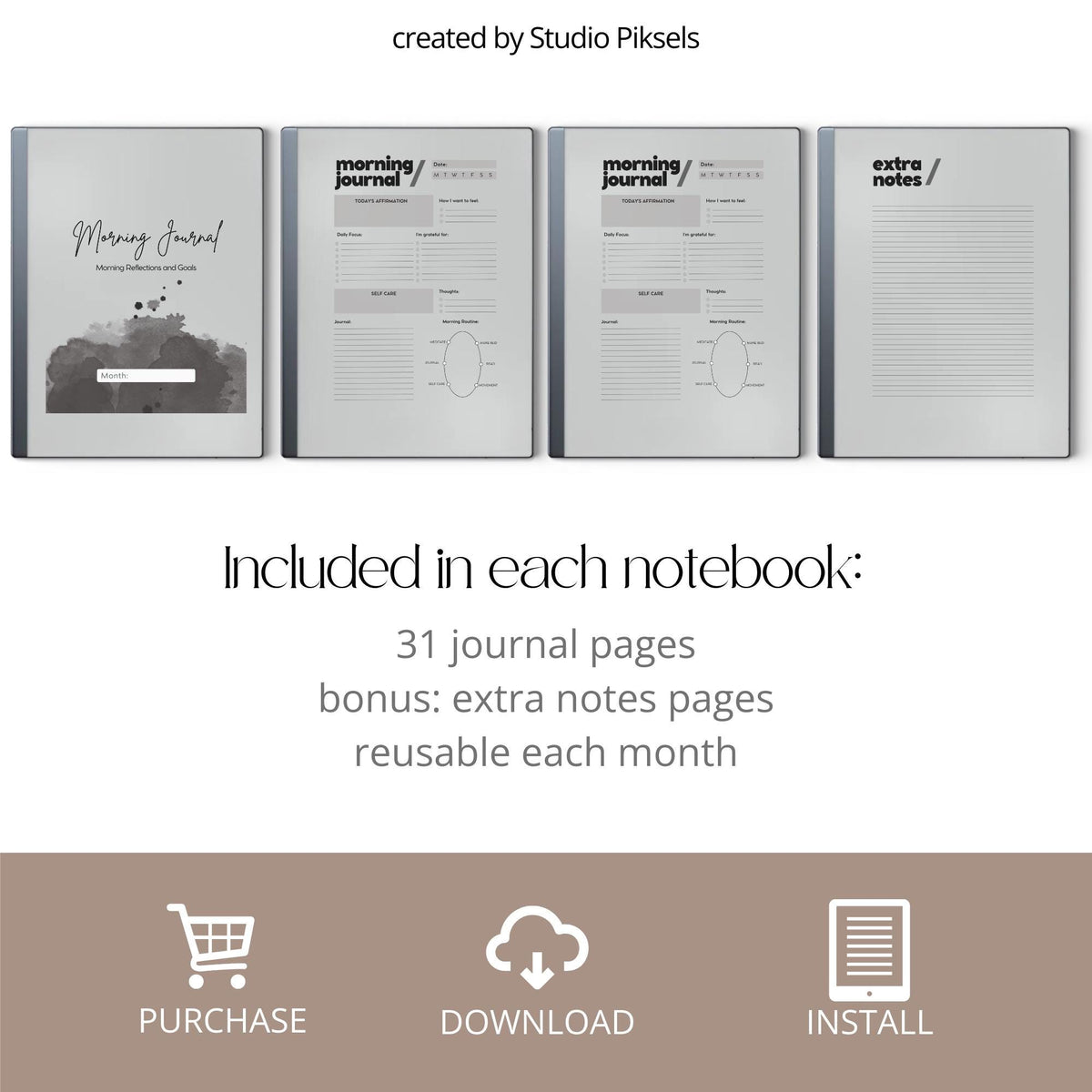 Minimalist Morning Journal PDF for reMarkable 2 and Paper Pure with gratitude prompts and grayscale reflection pages for mindful journaling