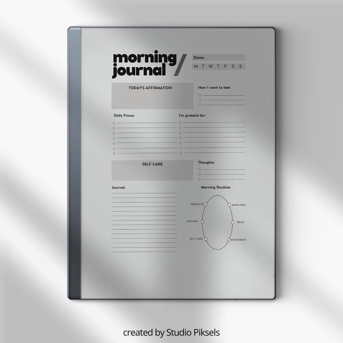 Minimalist Morning Journal PDF for reMarkable 2 and Paper Pure with gratitude prompts and grayscale reflection pages for mindful journaling