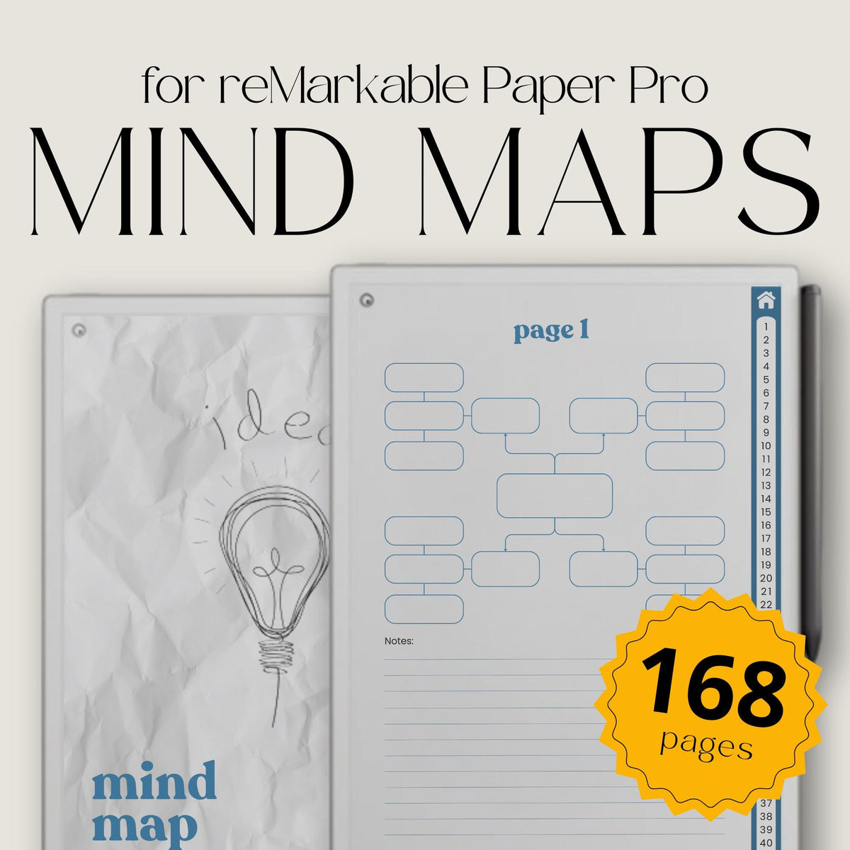 Mind Map Bundle for reMarkable Paper Pro with hyperlinked mind mapping pages, visual brainstorming layouts, productivity templates, and digital planning notebooks.
