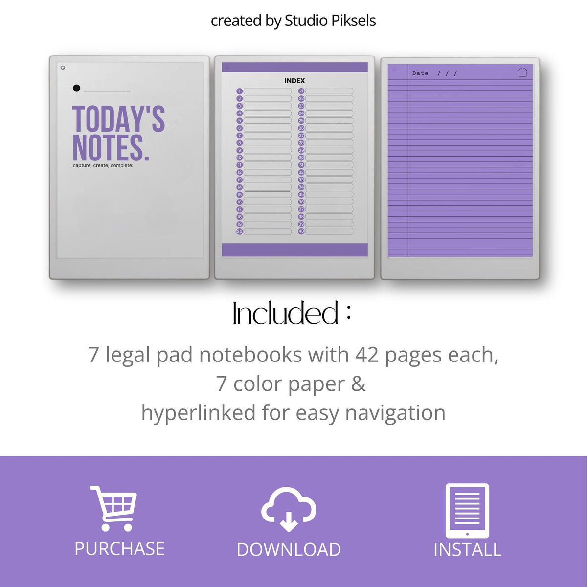 Legal Pad Notebook Bundle for reMarkable Paper Pro with seven color-coded hyperlinked notebooks, classic legal pad note pages, interactive indexes, lined writing templates, and reusable digital notebooks for organized note-taking, project planning, journaling, brainstorming, and meeting notes.