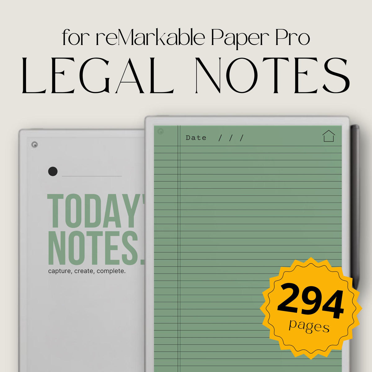 Legal Pad Notebook Bundle for reMarkable Paper Pro with seven color-coded hyperlinked notebooks, classic legal pad note pages, interactive indexes, lined writing templates, and reusable digital notebooks for organized note-taking, project planning, journaling, brainstorming, and meeting notes.