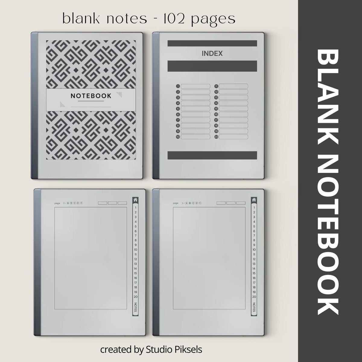 Custom Index Notebook Bundle for reMarkable 2 and reMarkable Paper Pure featuring 408 hyperlinked notebook pages with lined, grid, dotted, and blank layouts in a minimalist grayscale design