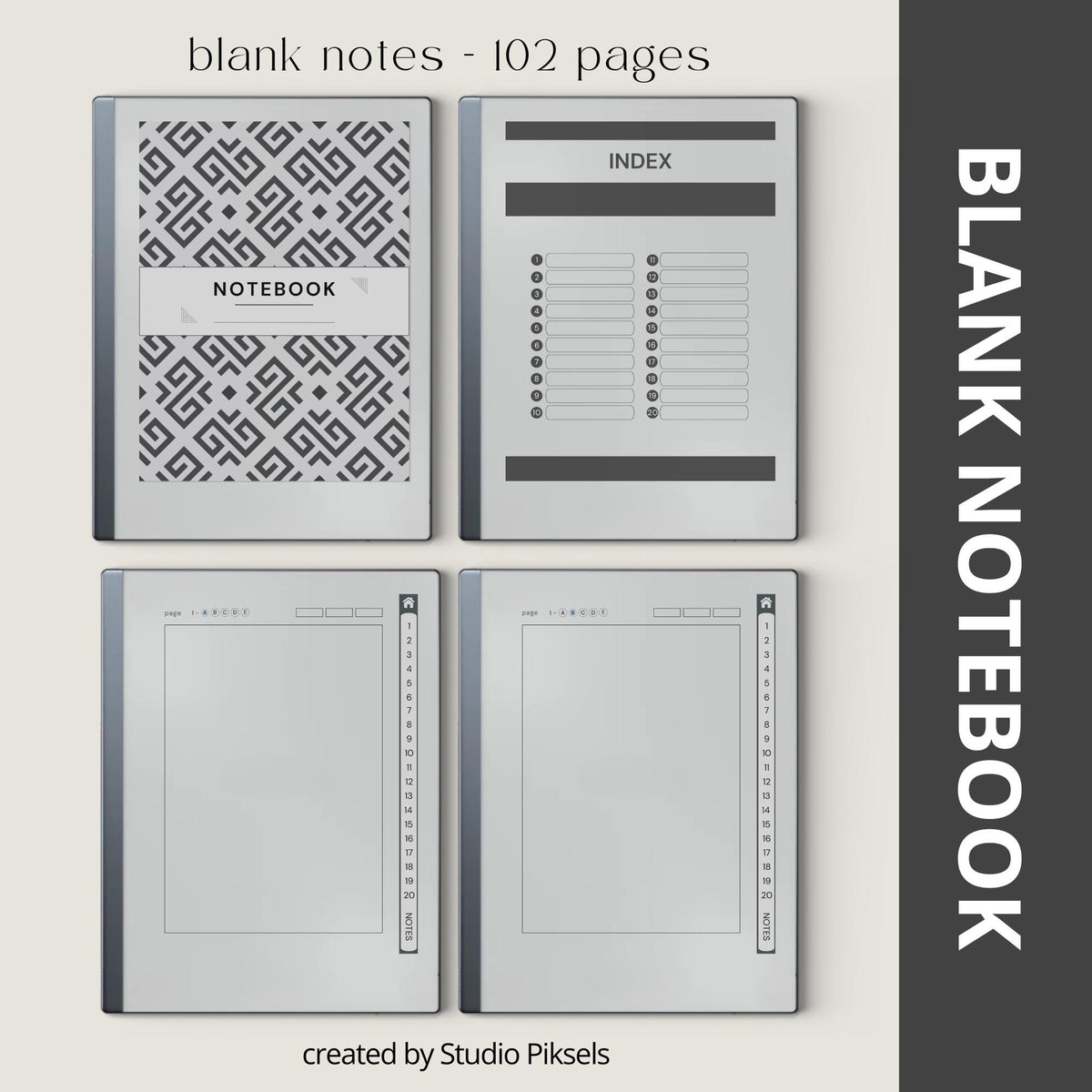 Custom Index Notebook Bundle for reMarkable Paper Pure and reMarkable 2 with hyperlinked lined, grid, dotted, and blank notebooks