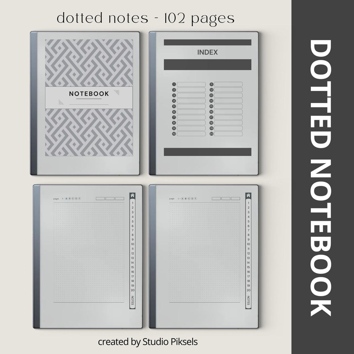 Custom Index Notebook Bundle for reMarkable 2 and reMarkable Paper Pure featuring 408 hyperlinked notebook pages with lined, grid, dotted, and blank layouts in a minimalist grayscale design