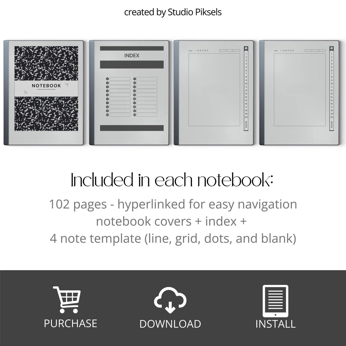Custom Index Notebook Bundle for reMarkable Paper Pure and reMarkable 2 with hyperlinked lined, grid, dotted, and blank notebooks