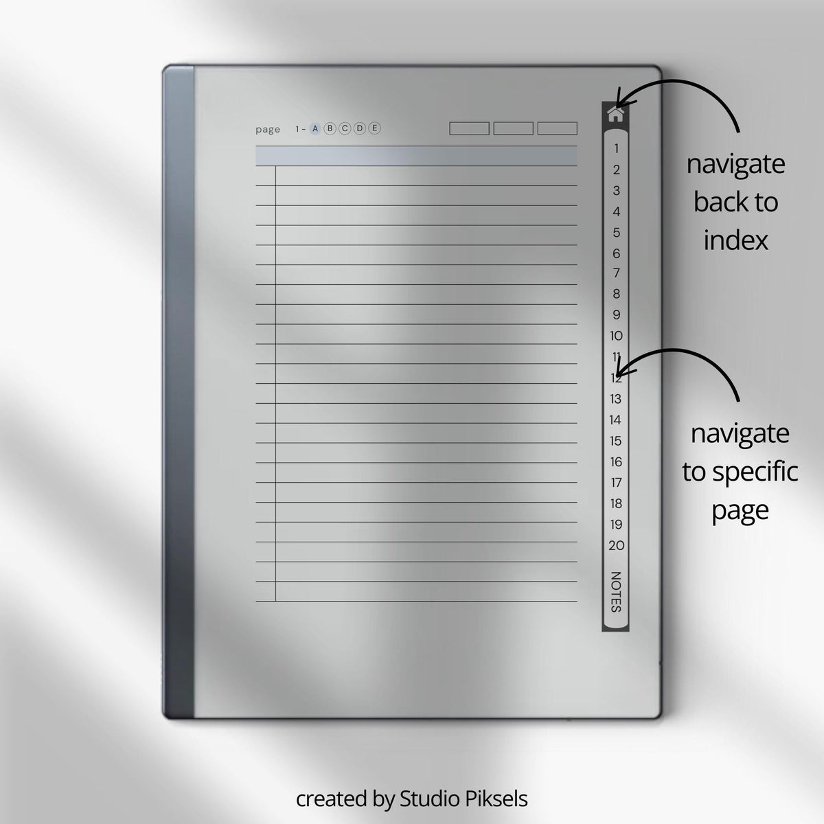 Custom Index Notebook Bundle for reMarkable 2 and reMarkable Paper Pure featuring 408 hyperlinked notebook pages with lined, grid, dotted, and blank layouts in a minimalist grayscale design