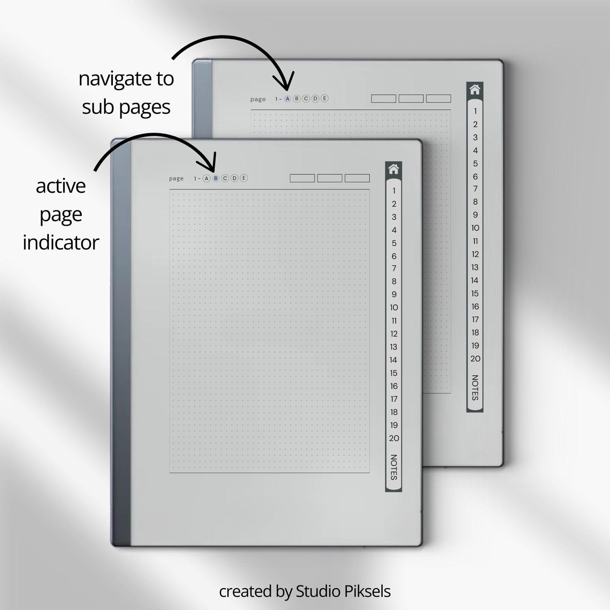 Custom Index Notebook Bundle for reMarkable 2 and reMarkable Paper Pure featuring 408 hyperlinked notebook pages with lined, grid, dotted, and blank layouts in a minimalist grayscale design