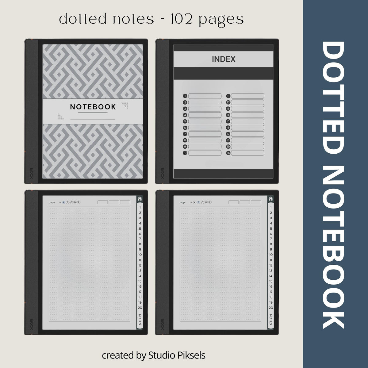 4-in-1 Custom Index Notebooks for BOOX with hyperlinked lined, grid, dotted, and blank digital notebooks for organized note-taking.