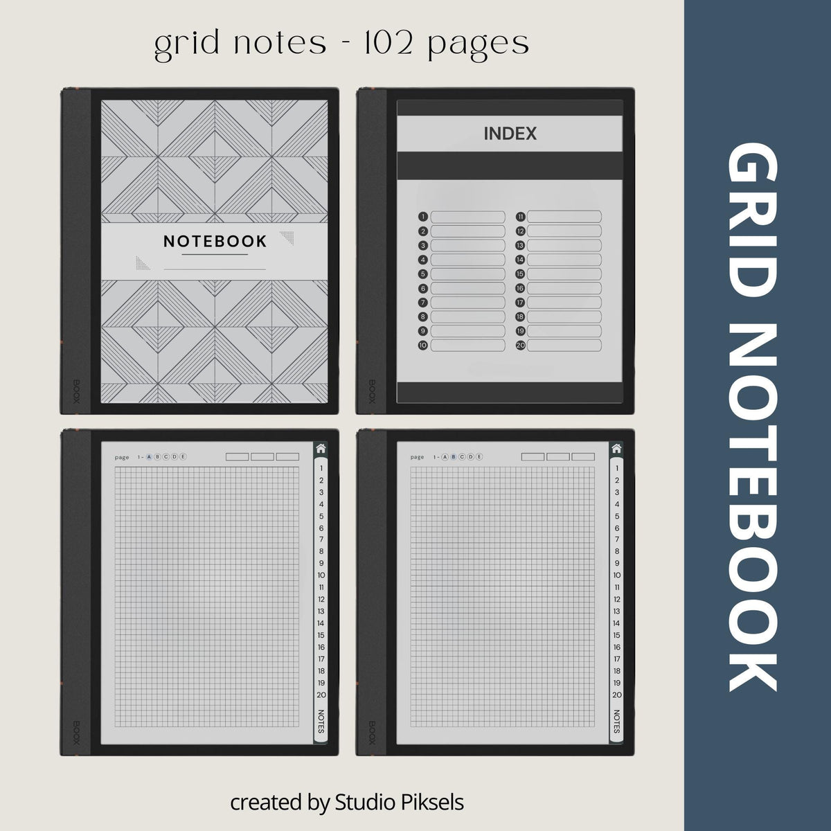 4-in-1 Custom Index Notebooks for BOOX with hyperlinked lined, grid, dotted, and blank digital notebooks for organized note-taking.