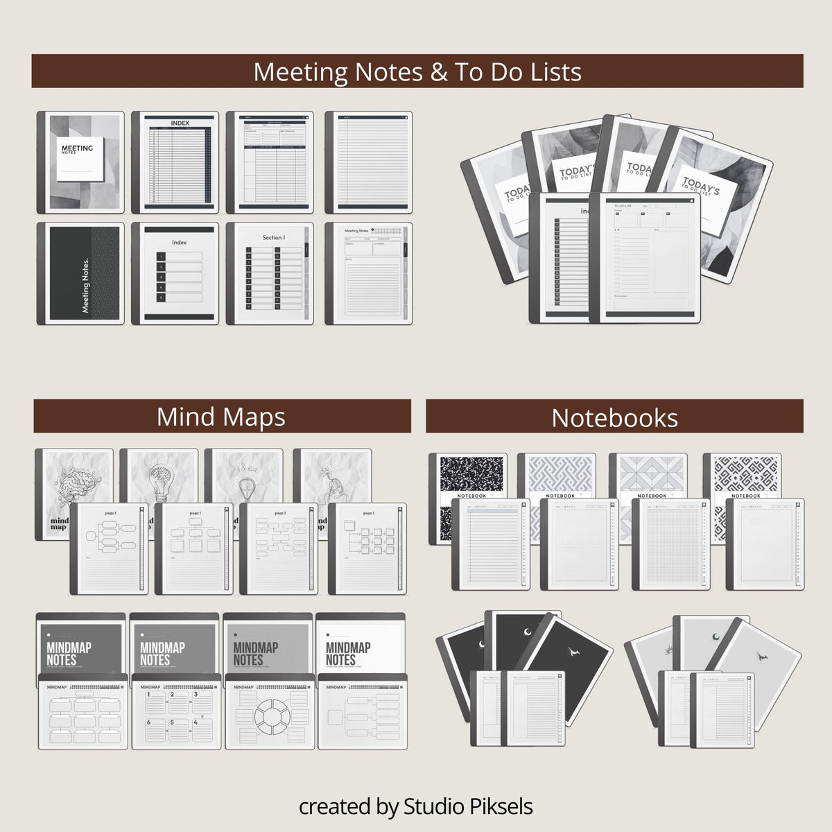 Full Access Template Bundle for Kindle Scribe featuring digital planners, notebooks, productivity trackers, puzzles, and hyperlinked templates.