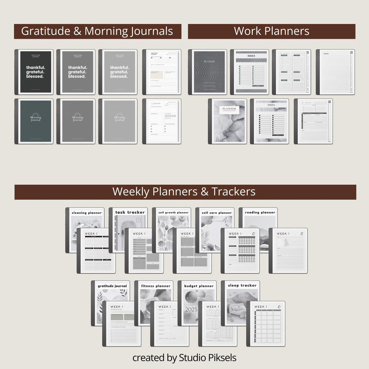 Full Access Template Bundle for Kindle Scribe featuring digital planners, notebooks, productivity trackers, puzzles, and hyperlinked templates.