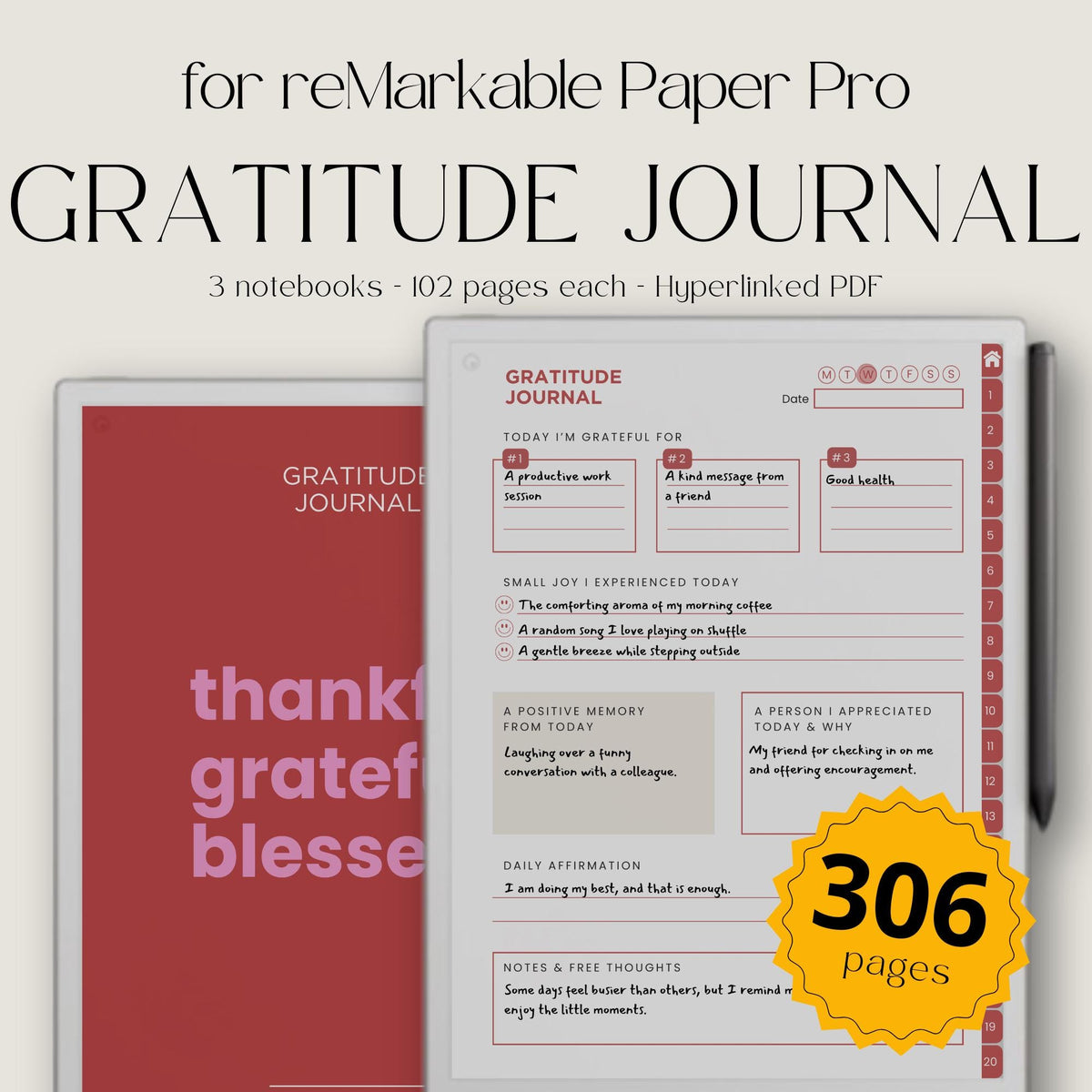 Hyperlinked Gratitude Journal Bundle for reMarkable Paper Pro with daily gratitude prompts, affirmation pages, reflection layouts, customizable indexes, and reusable digital journaling pages.