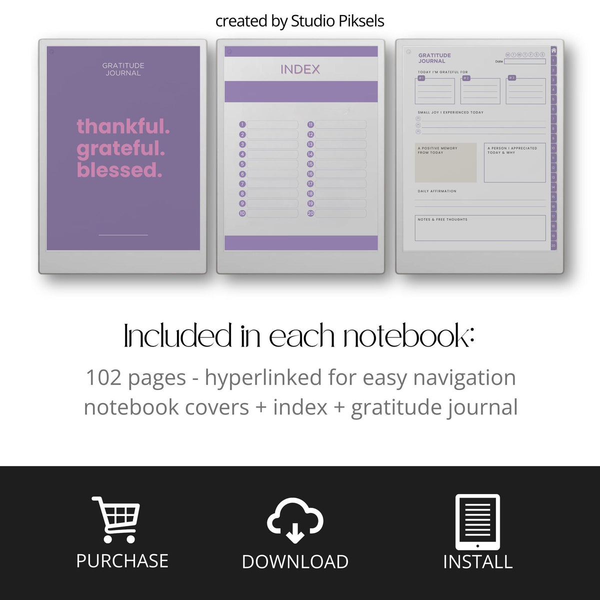 Hyperlinked Gratitude Journal Bundle for reMarkable Paper Pro with daily gratitude prompts, affirmation pages, reflection layouts, customizable indexes, and reusable digital journaling pages.