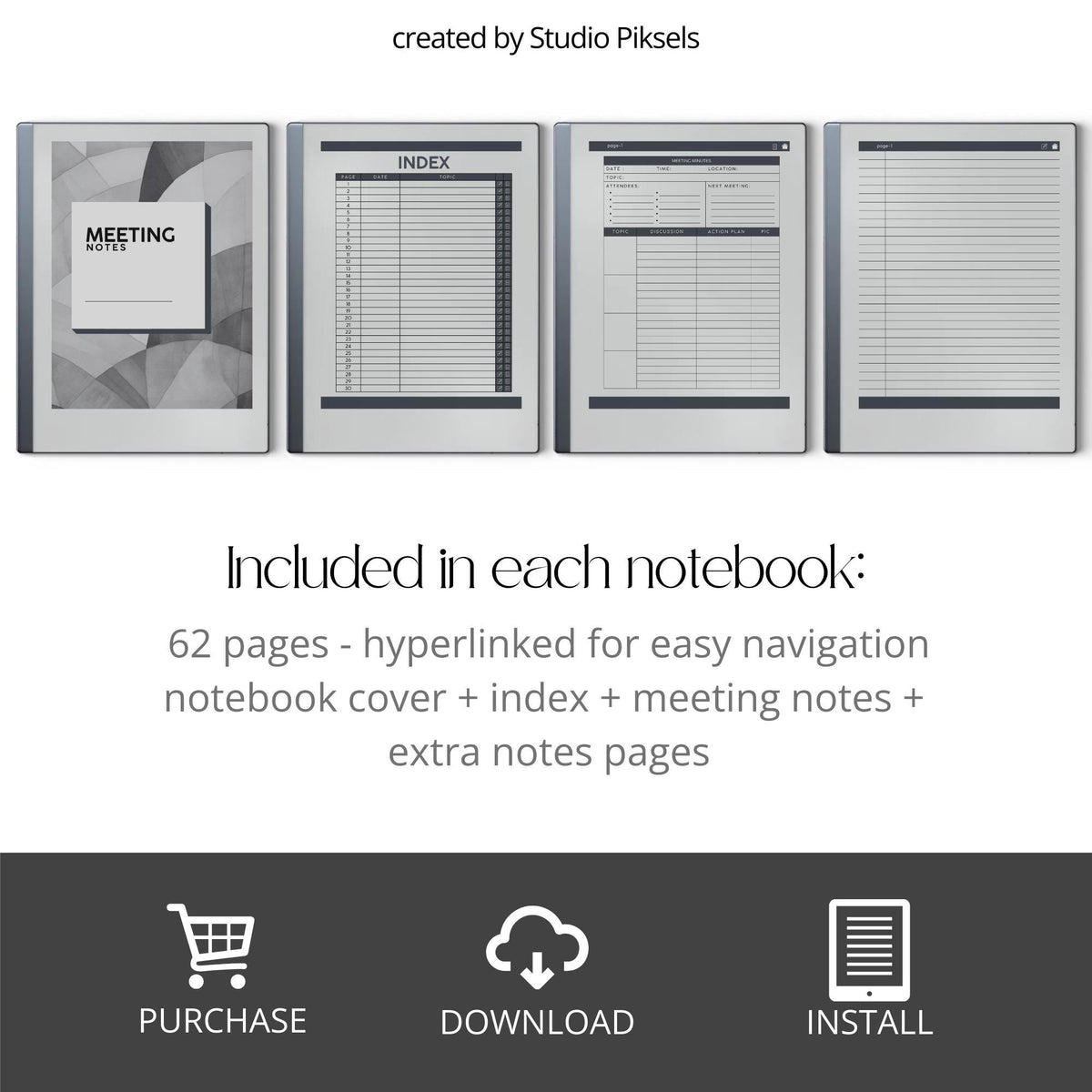 Meeting Minutes Notebook Bundle PDF for reMarkable 2 and Paper Pure with grayscale meeting templates, hyperlinked navigation, and structured note pages