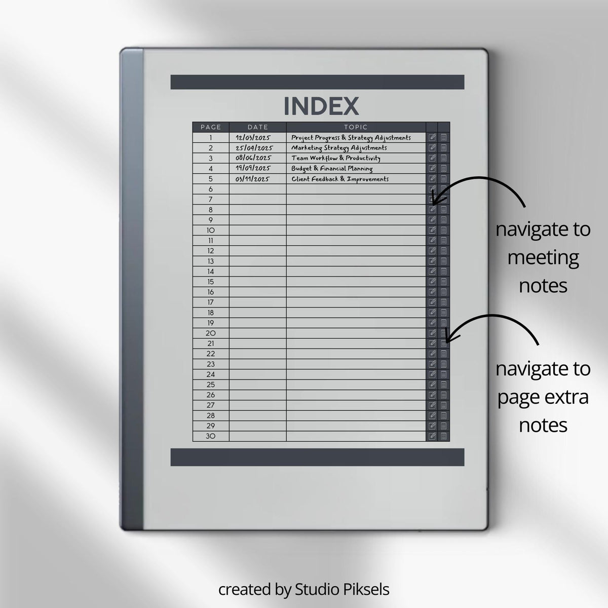 Meeting Minutes Notebook Bundle PDF for reMarkable 2 and Paper Pure with grayscale meeting templates, hyperlinked navigation, and structured note pages