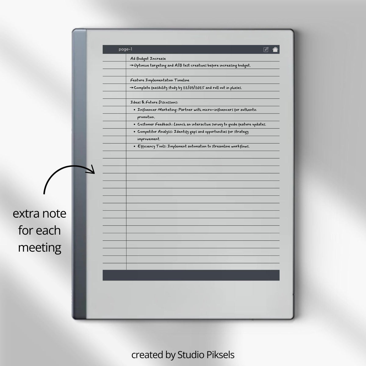 Meeting Minutes Notebook Bundle PDF for reMarkable 2 and Paper Pure with grayscale meeting templates, hyperlinked navigation, and structured note pages