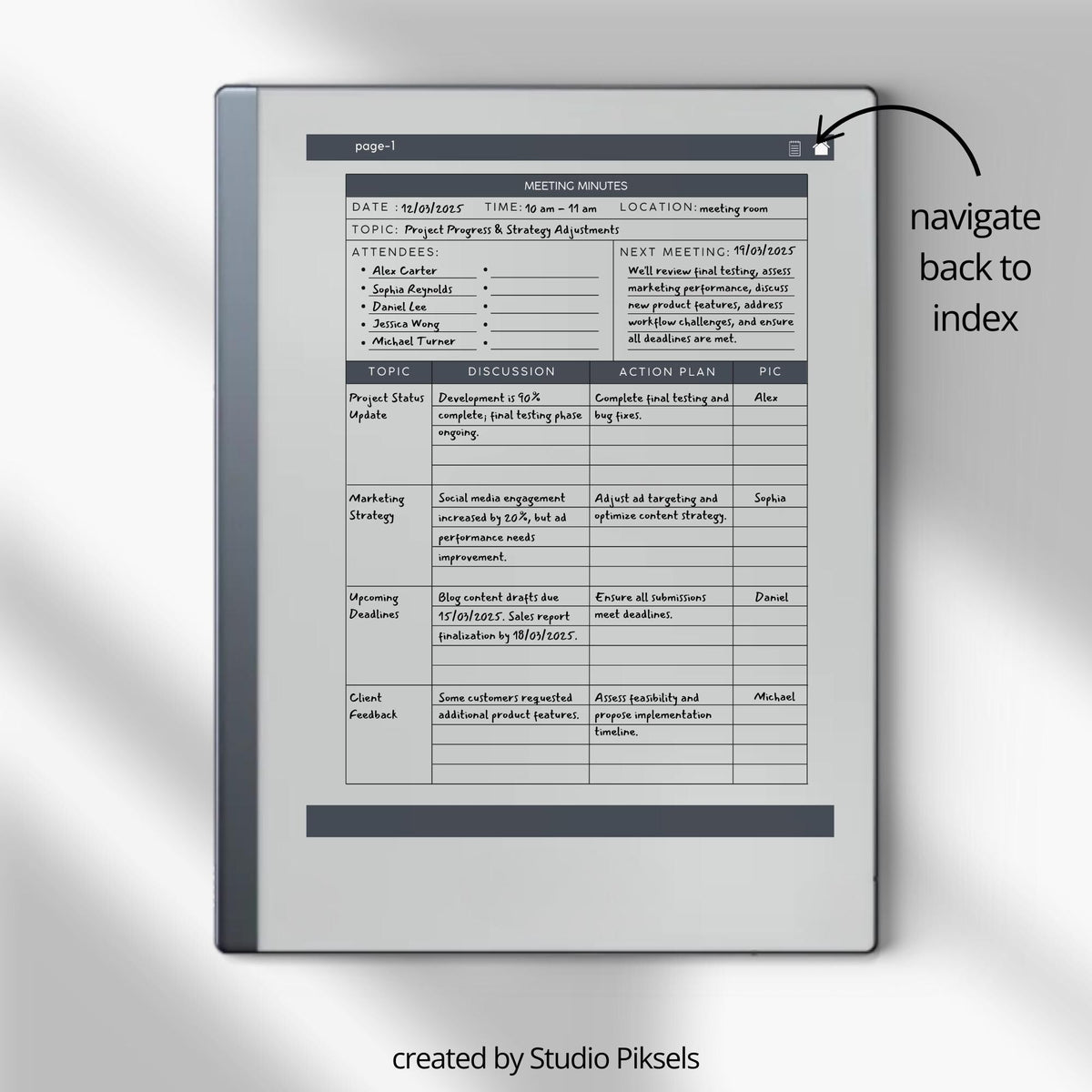 Meeting Minutes Notebook Bundle PDF for reMarkable 2 and Paper Pure with grayscale meeting templates, hyperlinked navigation, and structured note pages