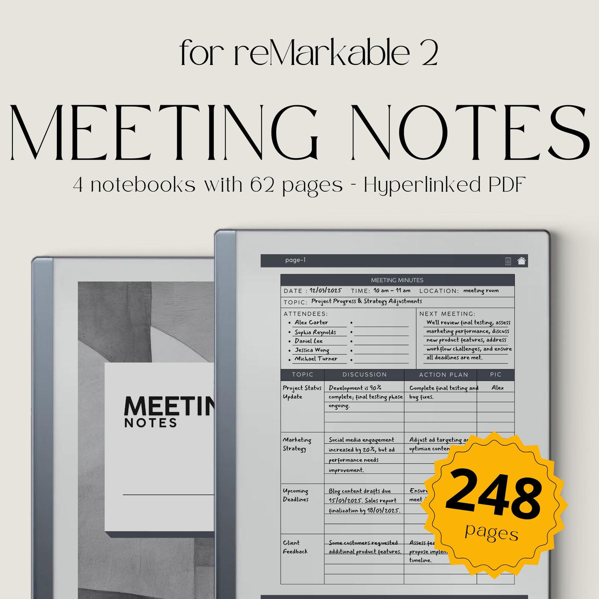 Meeting Minutes Notebook Bundle PDF for reMarkable 2 and Paper Pure with grayscale meeting templates, hyperlinked navigation, and structured note pages
