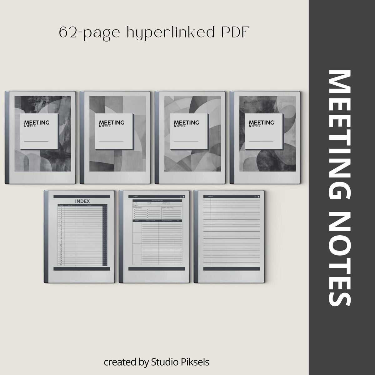 Meeting Minutes Notebook Bundle PDF for reMarkable 2 and Paper Pure with grayscale meeting templates, hyperlinked navigation, and structured note pages