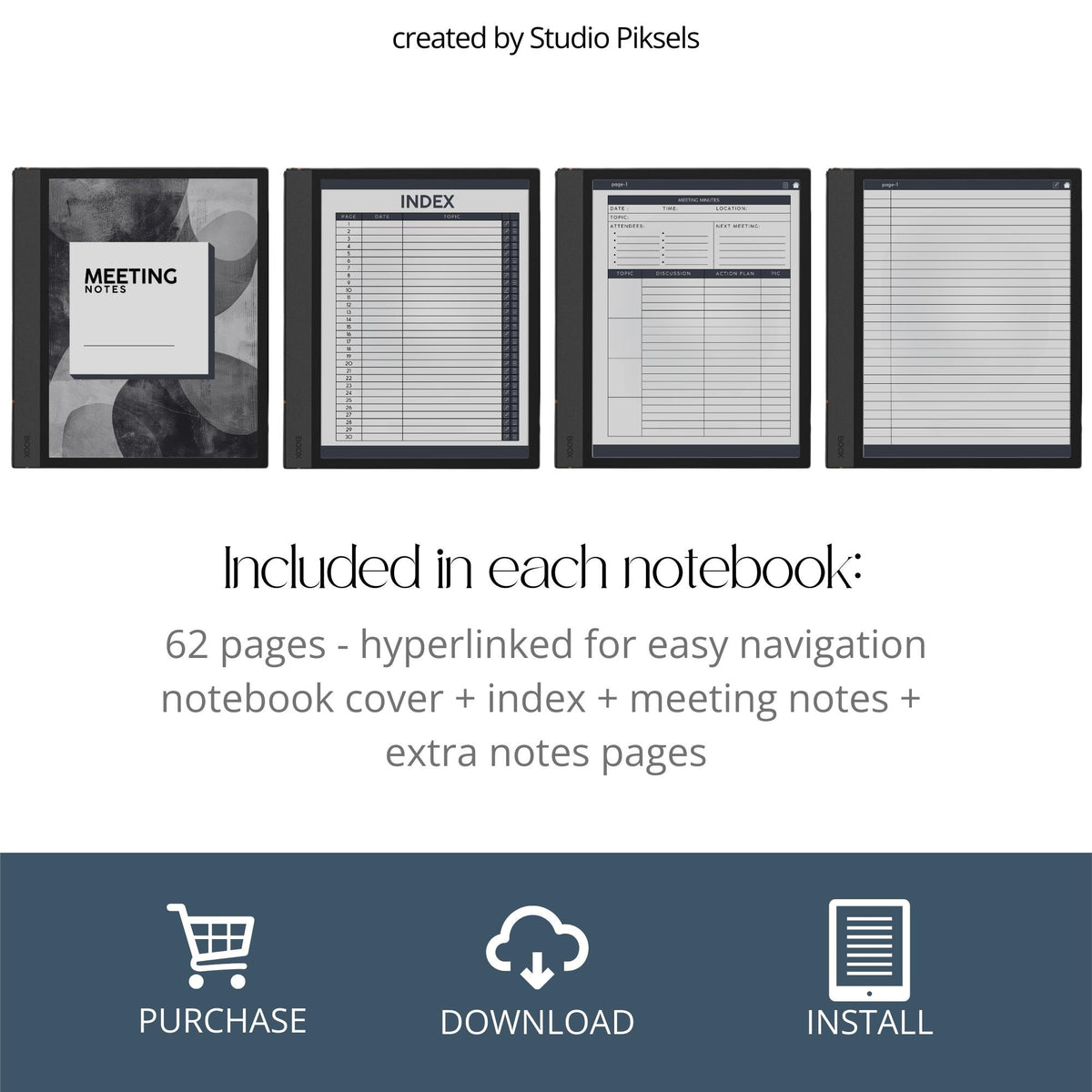 Meeting Minutes Notebook Bundle for BOOX with hyperlinked meeting note pages, customizable indexes, and professional grayscale layouts.