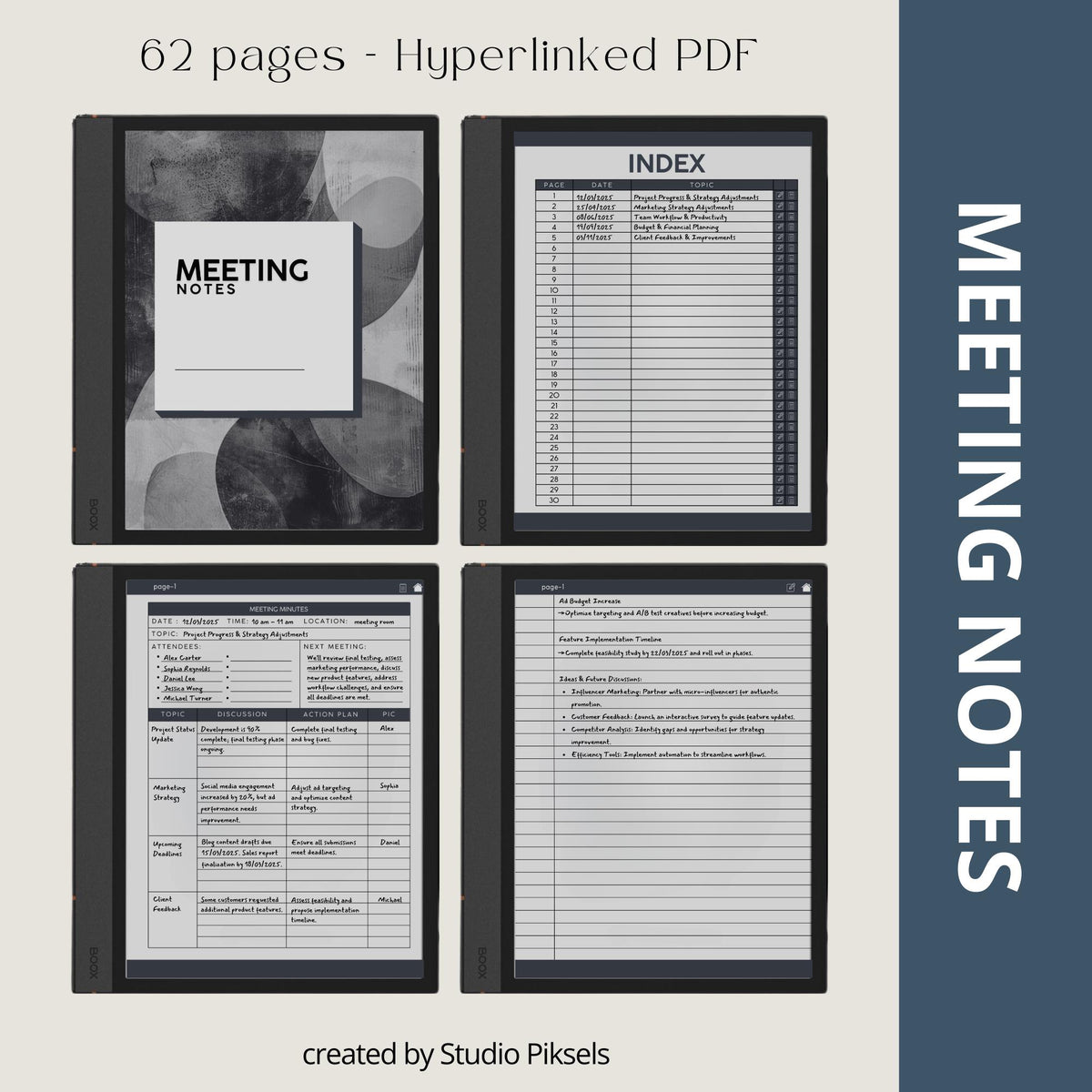 Meeting Minutes Notebook Bundle for BOOX with hyperlinked meeting note pages, customizable indexes, and professional grayscale layouts.
