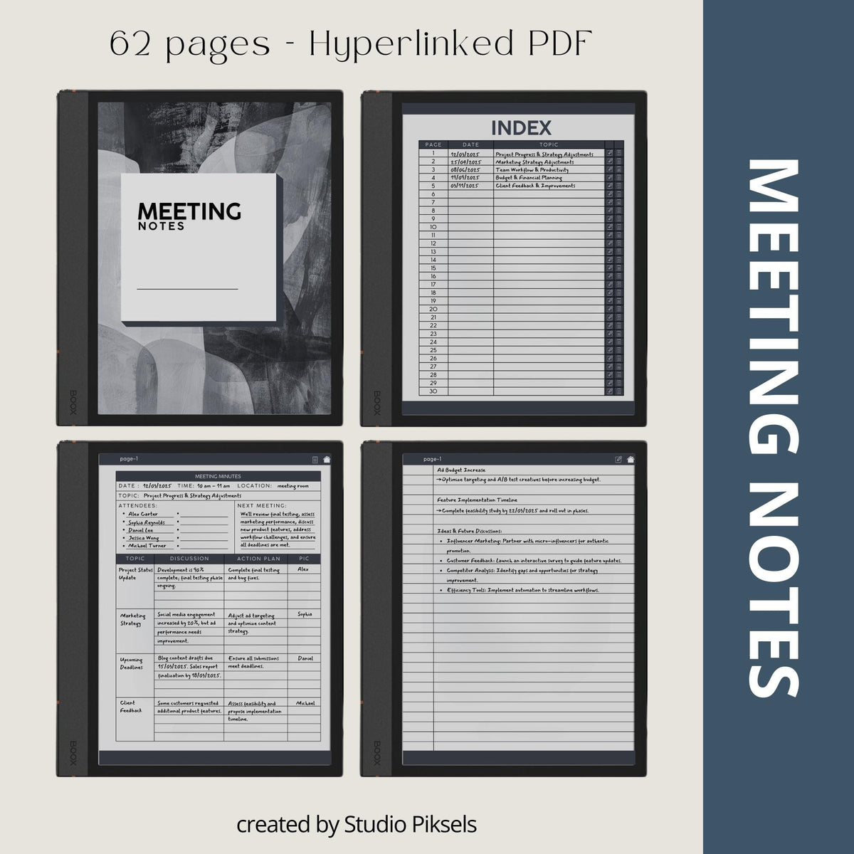 Meeting Minutes Notebook Bundle for BOOX with hyperlinked meeting note pages, customizable indexes, and professional grayscale layouts.