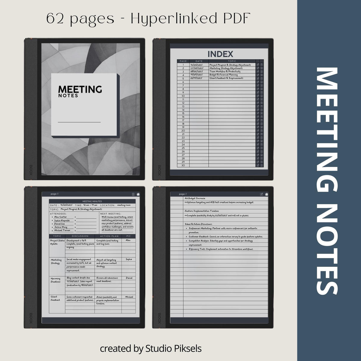 Meeting Minutes Notebook Bundle for BOOX with hyperlinked meeting note pages, customizable indexes, and professional grayscale layouts.