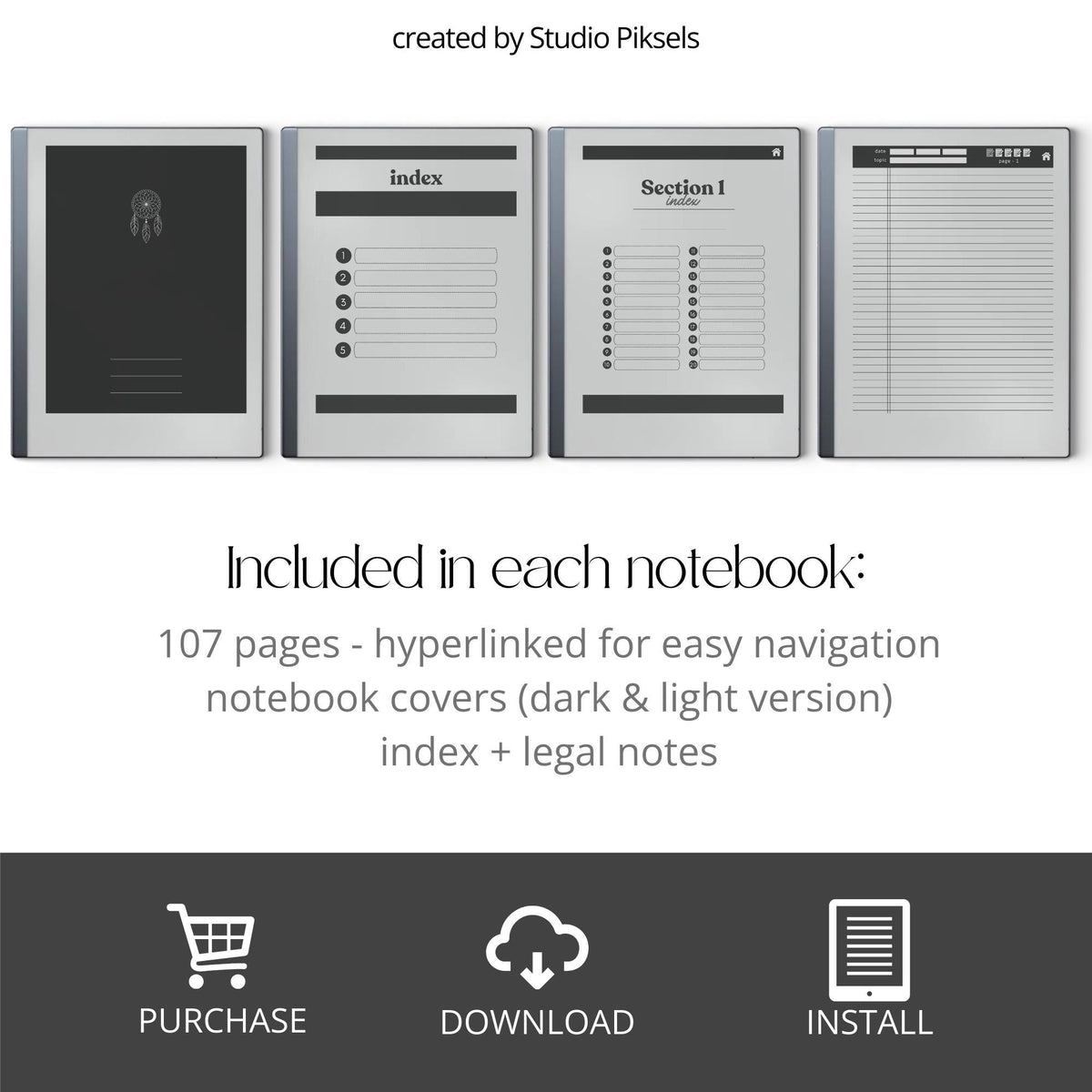 Legal Pad Notebook Bundle for reMarkable with hyperlinked index, lined legal pad pages, and light and dark mode notebook designs.