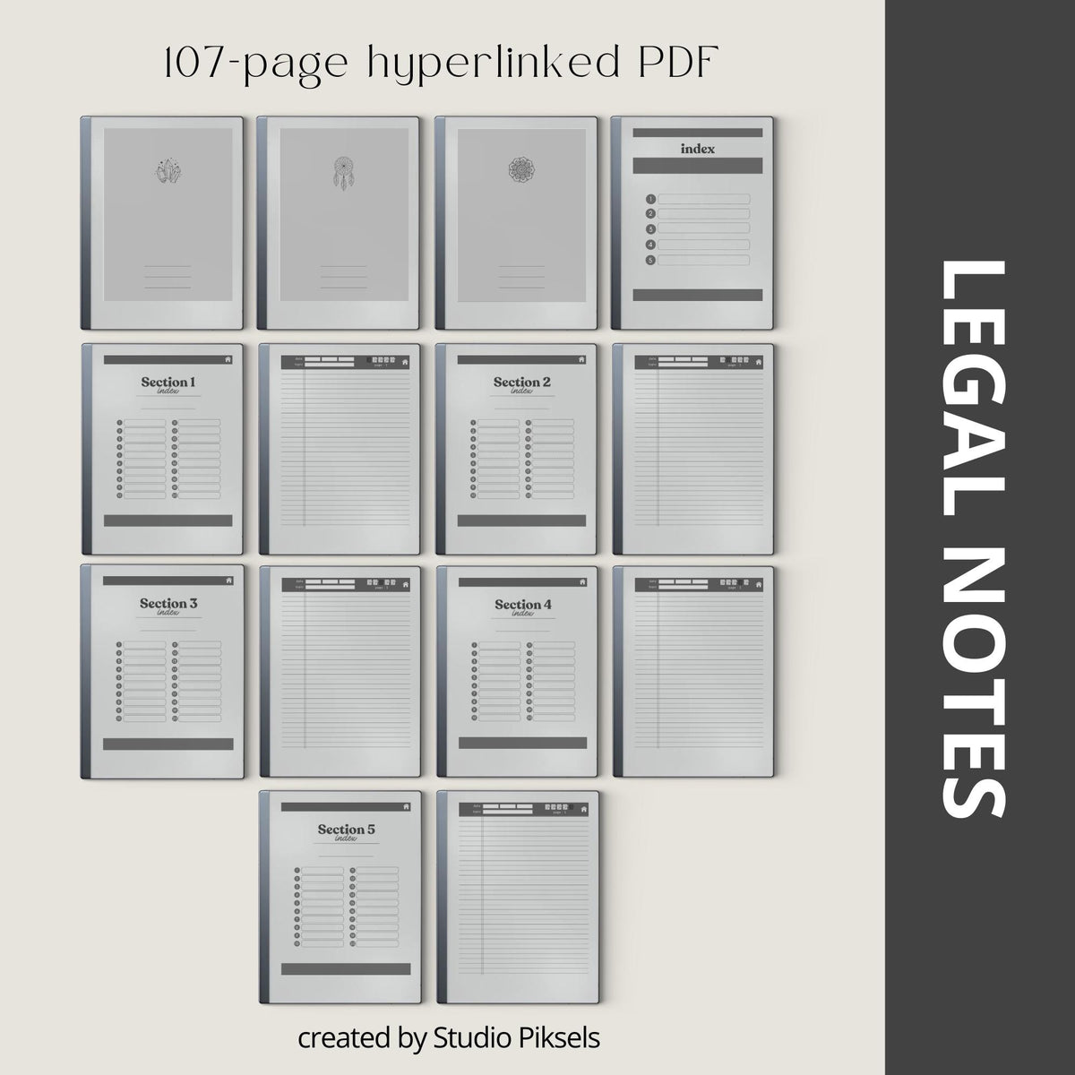 Legal Pad Notebook Bundle for reMarkable featuring six hyperlinked digital notebooks with legal pad layouts, customizable indexes, and light and dark mode designs