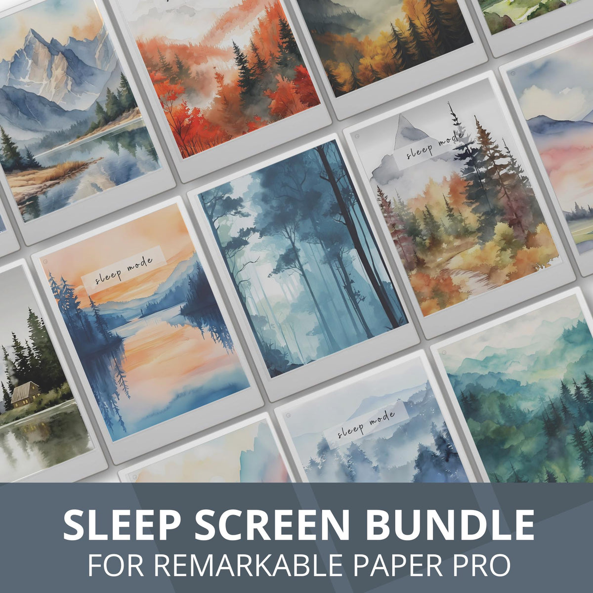  Sleep Screen Bundle for reMarkable Paper Pro. Featuring calming watercolor nature scenes, this collection includes mountain landscapes, quiet lakes, forests, and seasonal scenery designed to create a relaxing screen experience.