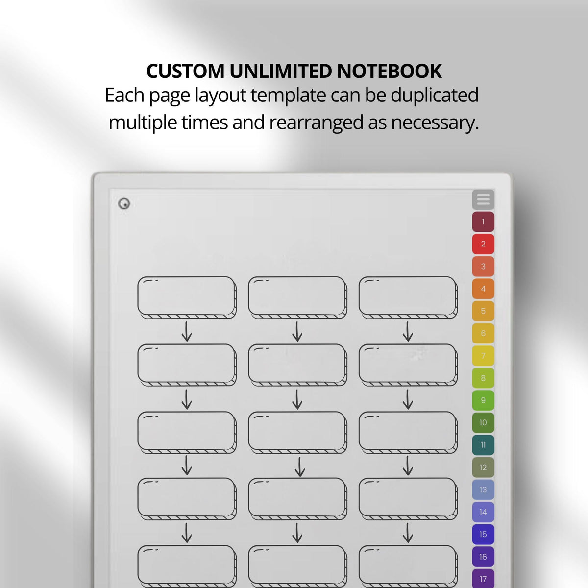 Hyperlinked mind map notebook for reMarkable Paper Pro featuring customizable templates, linked sections, reusable stickers, planners, and brainstorming layouts for digital planning and visual organization.