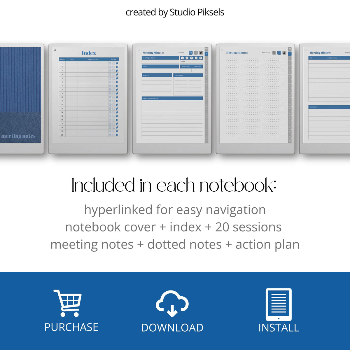 Hyperlinked Meeting Notes Notebook Bundle for reMarkable Paper Pro with custom index pages, reusable meeting layouts, action planning sections, dotted notes pages, and digital meeting organization tools.