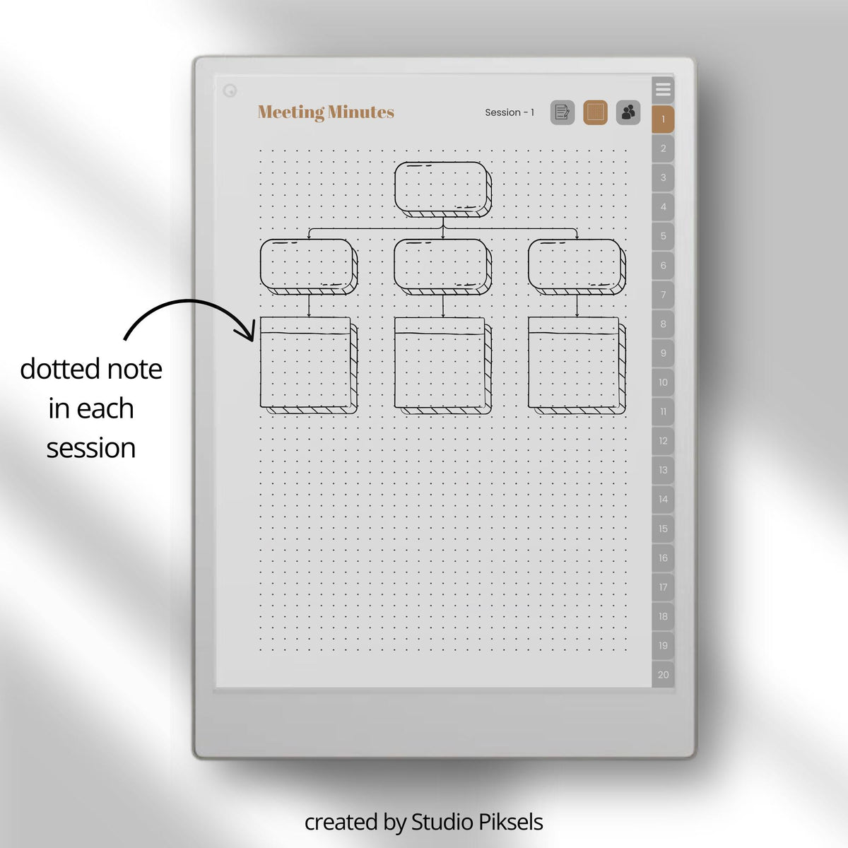 Hyperlinked Meeting Notes Notebook Bundle for reMarkable Paper Pro with custom index pages, reusable meeting layouts, action planning sections, dotted notes pages, and digital meeting organization tools.