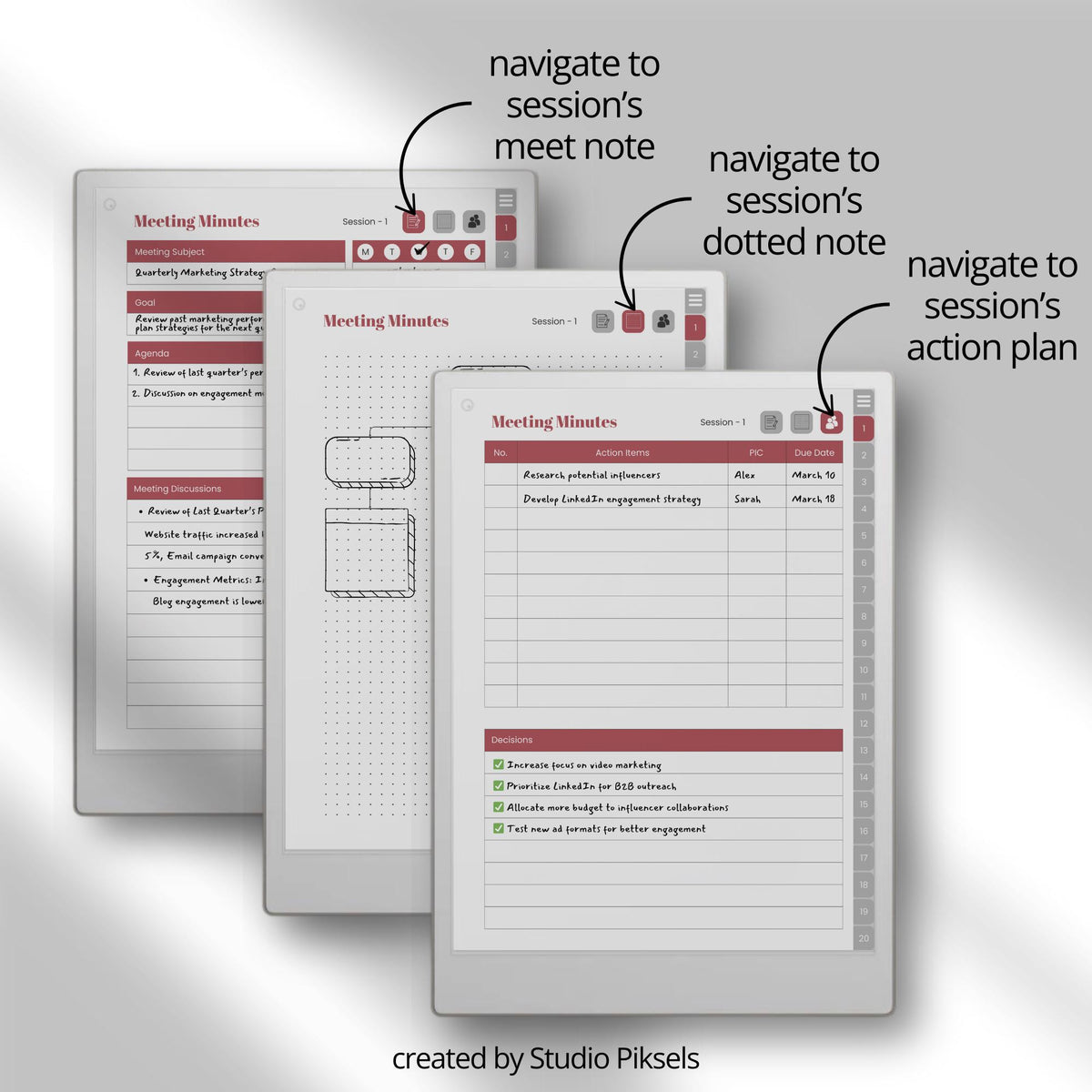 Hyperlinked Meeting Notes Notebook Bundle for reMarkable Paper Pro with custom index pages, reusable meeting layouts, action planning sections, dotted notes pages, and digital meeting organization tools.