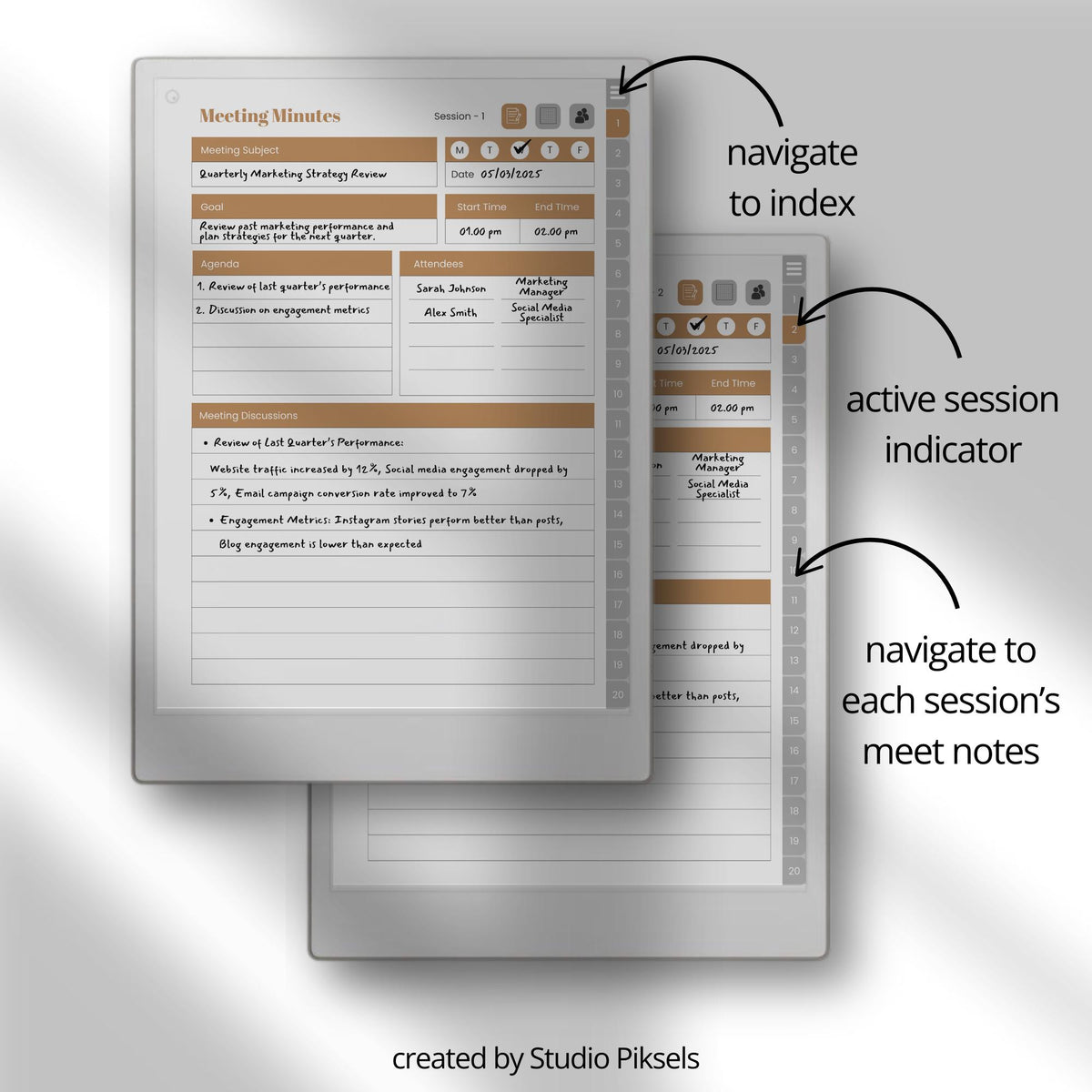 Hyperlinked Meeting Notes Notebook Bundle for reMarkable Paper Pro with custom index pages, reusable meeting layouts, action planning sections, dotted notes pages, and digital meeting organization tools.
