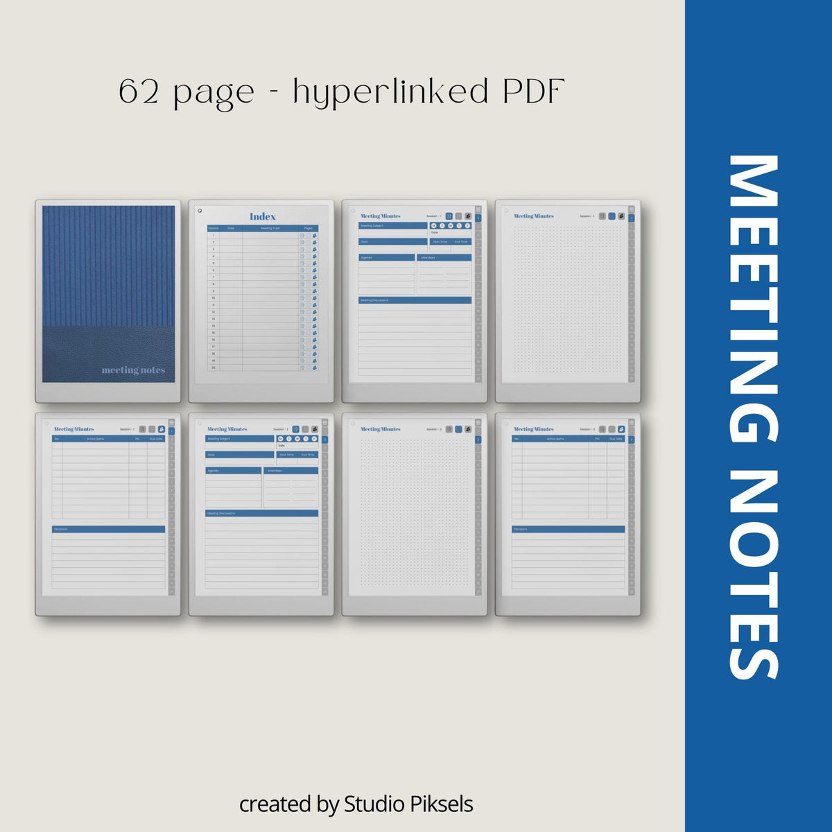 Hyperlinked Meeting Notes Notebook Bundle for reMarkable Paper Pro with custom index pages, reusable meeting layouts, action planning sections, dotted notes pages, and digital meeting organization tools.