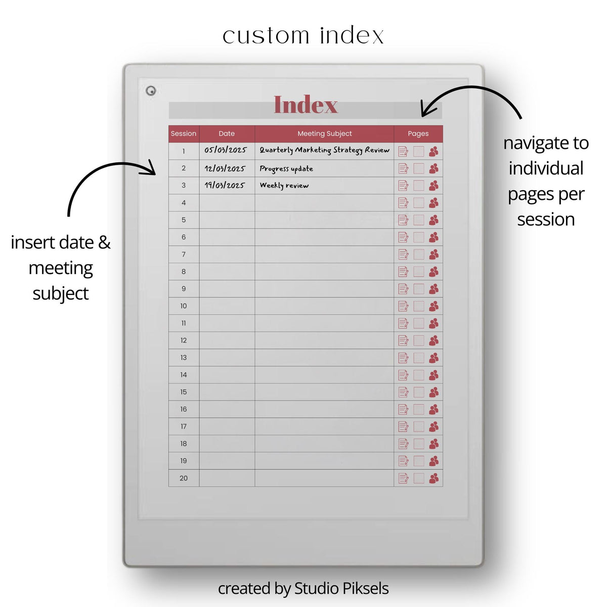 Hyperlinked Meeting Notes Notebook Bundle for reMarkable Paper Pro with custom index pages, reusable meeting layouts, action planning sections, dotted notes pages, and digital meeting organization tools.