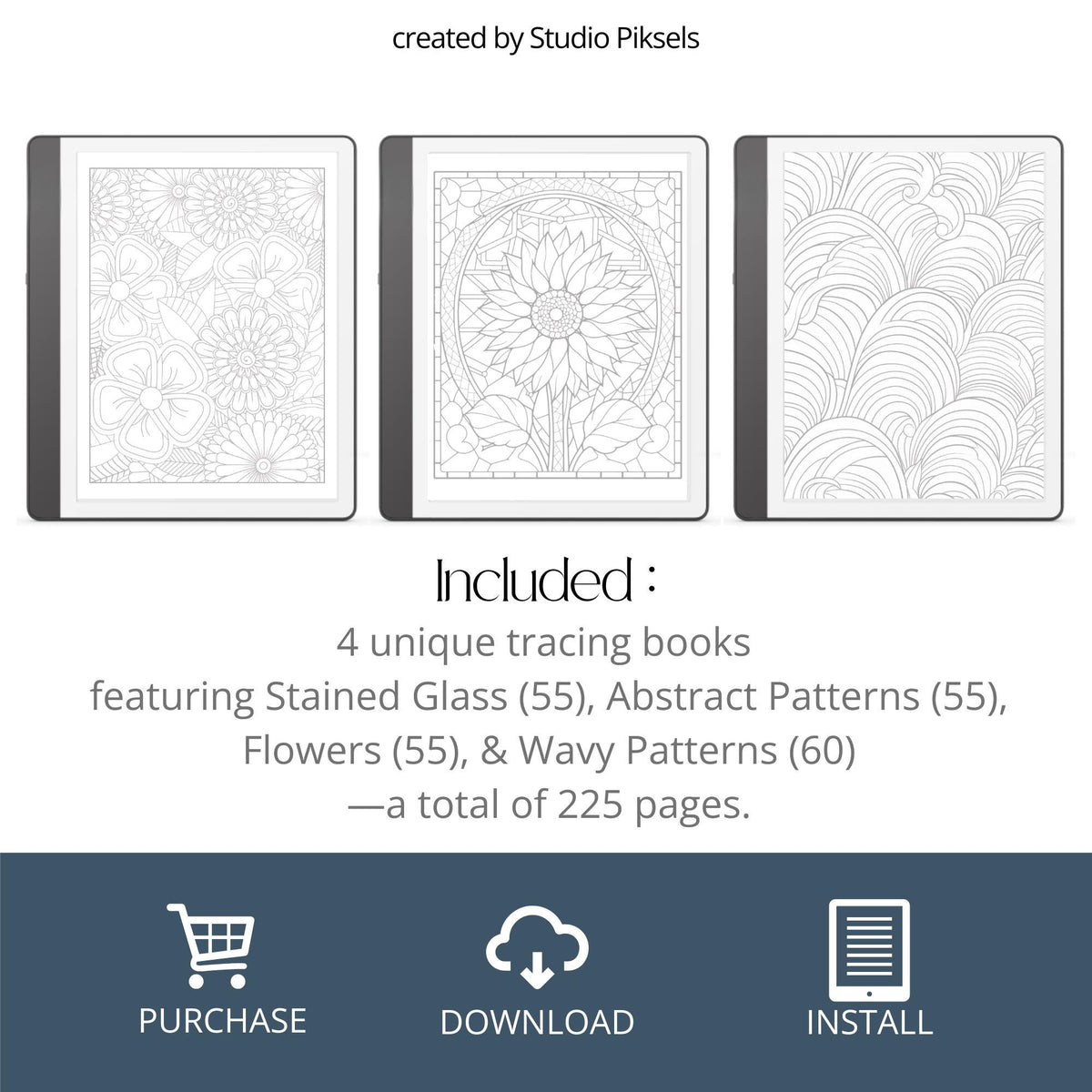 Stained Glass, Abstract Patterns, Floral & Wavy Patterns Tracing Book Bundle for Kindle Scribe featuring decorative tracing pages, floral illustrations, geometric patterns, and calming wave designs for mindful digital drawing.