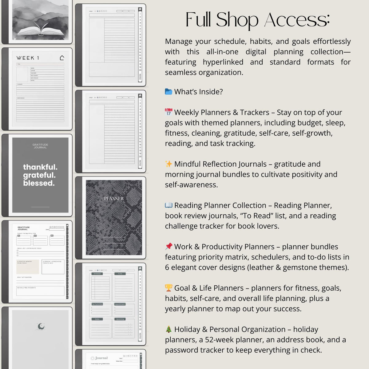 2026 digital goal planner for reMarkable 1 and 2 with habit trackers, monthly planning pages, and hyperlinked navigation