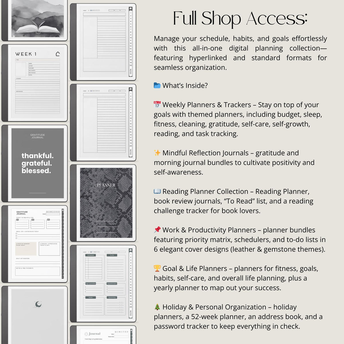 Full Access Template Bundle for Kindle Scribe featuring digital planners, notebooks, productivity trackers, puzzles, and hyperlinked templates.