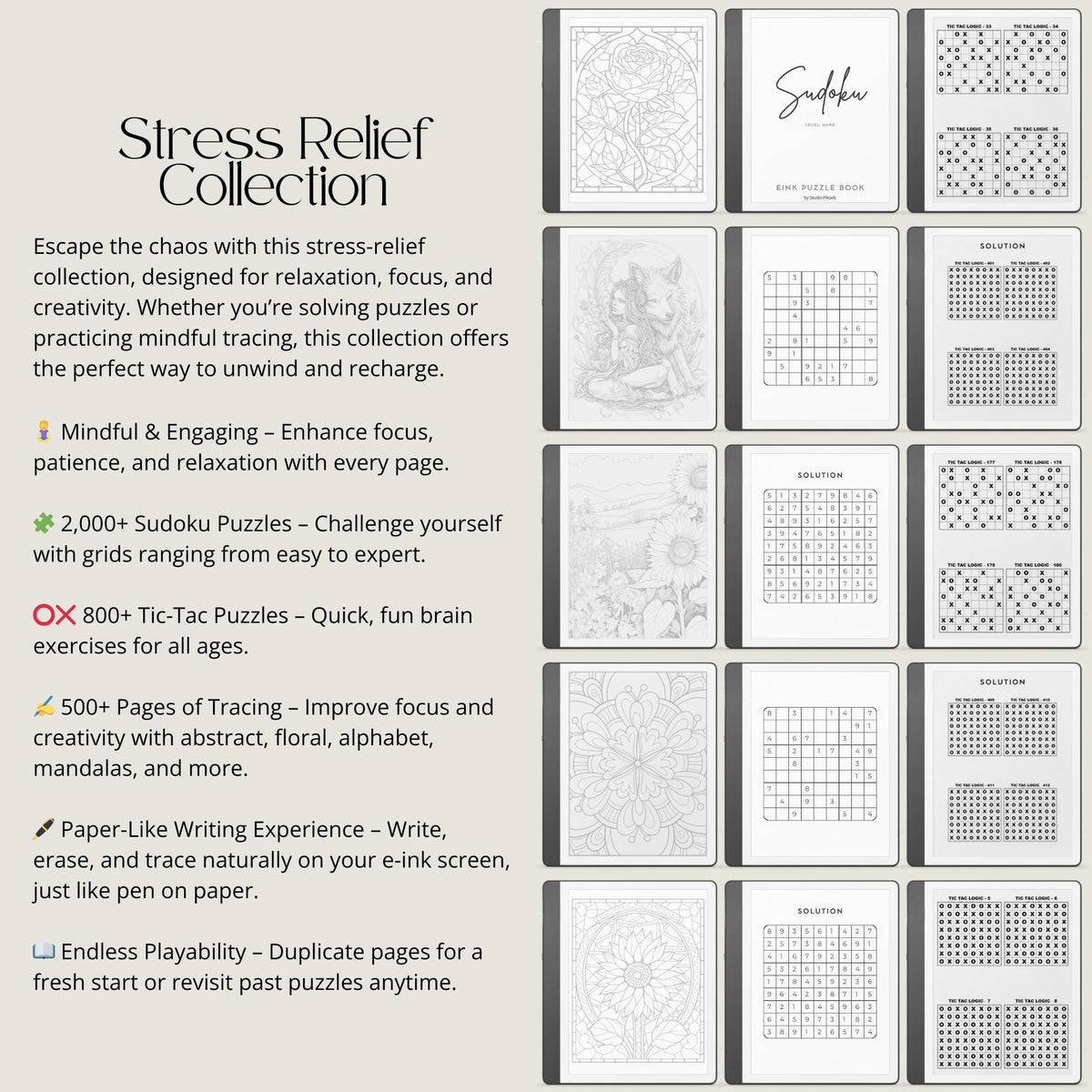 Full Access Template Bundle for Kindle Scribe featuring digital planners, notebooks, productivity trackers, puzzles, and hyperlinked templates.