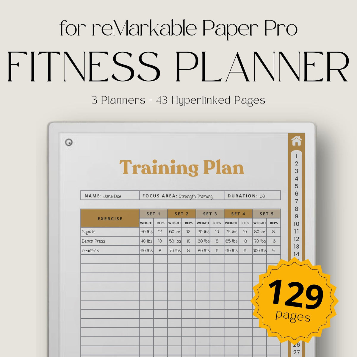 This planner for reMarkable Paper Pro includes multiple hyperlinked workout journals that support different training styles. With organized layouts and easy navigation, it is designed to help maintain consistency across strength training, conditioning, and general fitness programs.